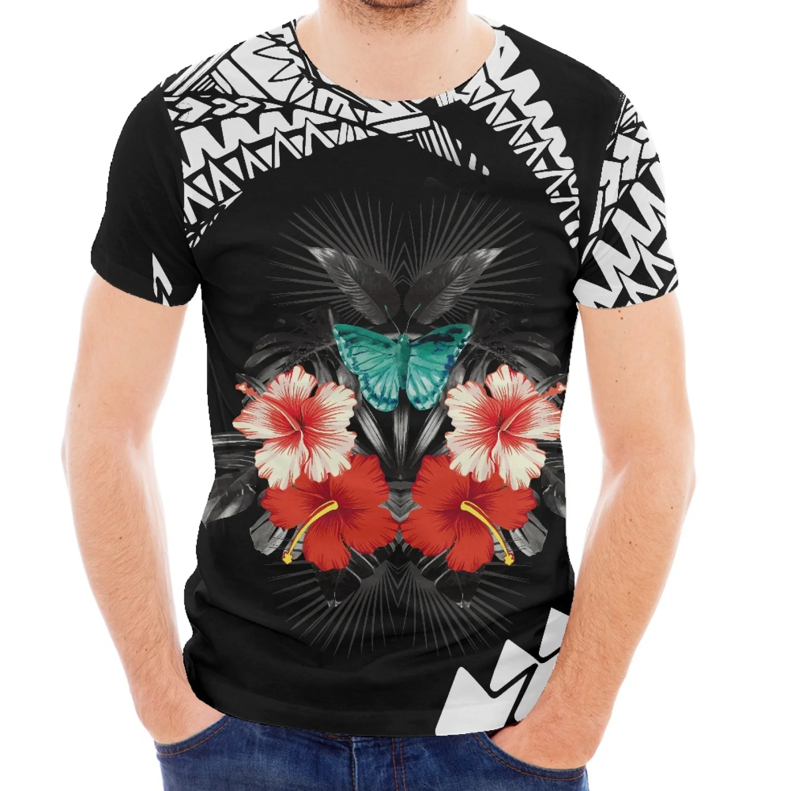 

Hibiscus Print Polynesian Tribe Hawaii Summer Fashion Sport Slim Fit Shirt Luxury Men Short Sleeve T-Shirt Short Sleeve