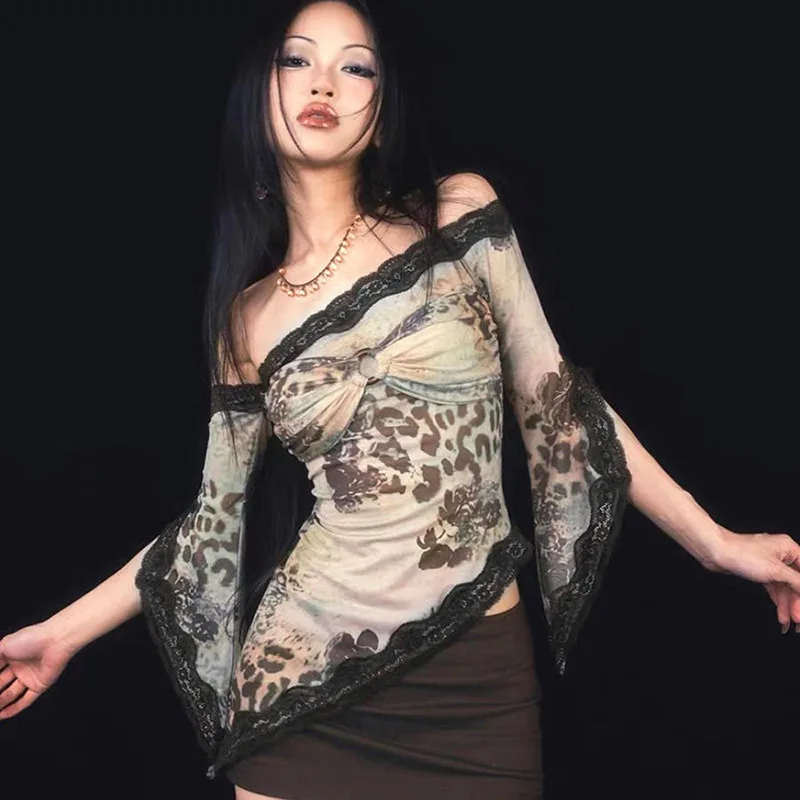 新着アメリカンヴィンテージスキューカラー女性服 Y2k 美的原宿スプライシングレースタイダイソフトトップス Lrregulator シャツ