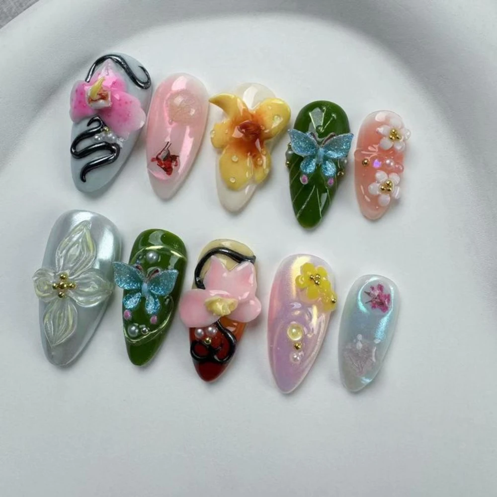 10Pcs Handmade Manicure Medium Almond Fake Nails Cute Flower Limited Nails Press On Nails Design with Adhesive Nail File Set