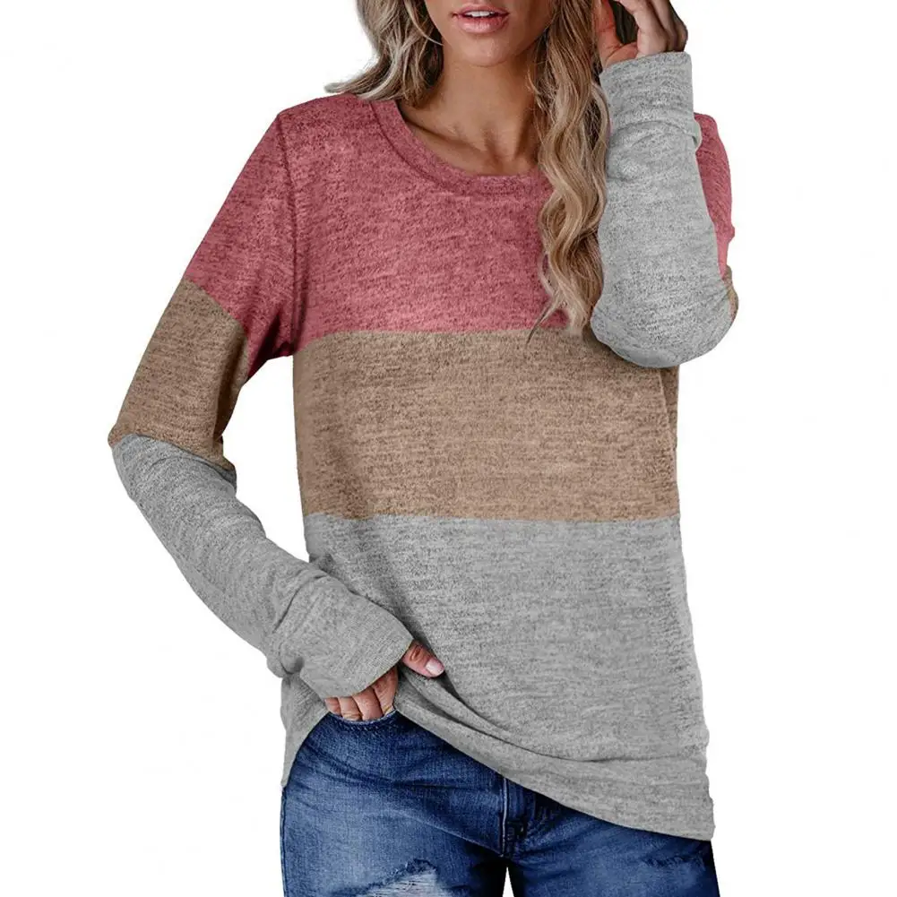 Women Blouse Color Block Loose Autumn Winter T-shirt Long Sleeve Blouse Top for Home