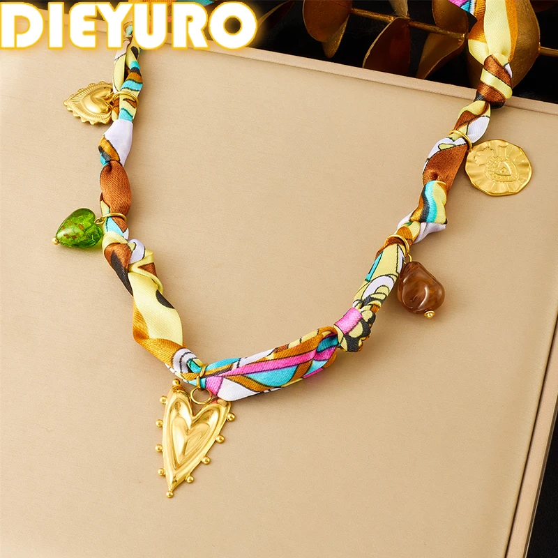 DIEYURO 316L Stainless Steel Golden Design Sense Irregular Heart Pendant Colored Ribbon Necklace Lady Fashion Neck Chain Jewelry