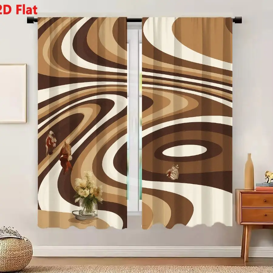 2Pcs Curtains 2D Flat Stylized Abstract Landscape With Rolling Hills, Walking Figures And Glass Vase Window Drapes for Bedroom R