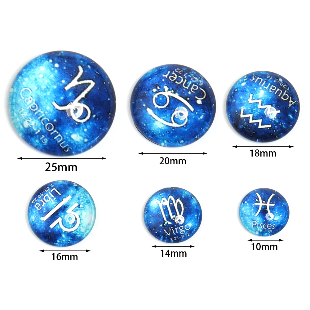 10 teile/los 12 Sternzeichen Glaskuppel Cabochon blau runde Glas Cabochon flache Rückseite Cabochons für Schmuck Herstellung Halskette Ohrringe