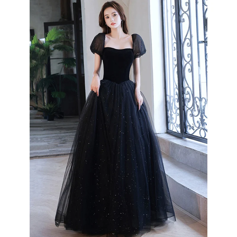 

Black Evening Dress Women's Simple Blingbling Tulle Square Collar Puff Sleeve Prom Dresses A-Line Elegant Birthday Party Gowns