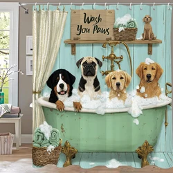 Funny Dog Bathing in Bathtub Shower Curtains Bathroom Curtain 3D Printed Cats and Bogs Fabric Home Decoration Curtain with Hooks