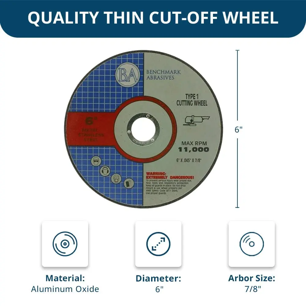 Schuurmiddelen 6 inch afgesneden wielen aluminiumoxide zelfslijpend voor metaal en staal, 0,045 "dik 7/8" as, haakse slijper snijden