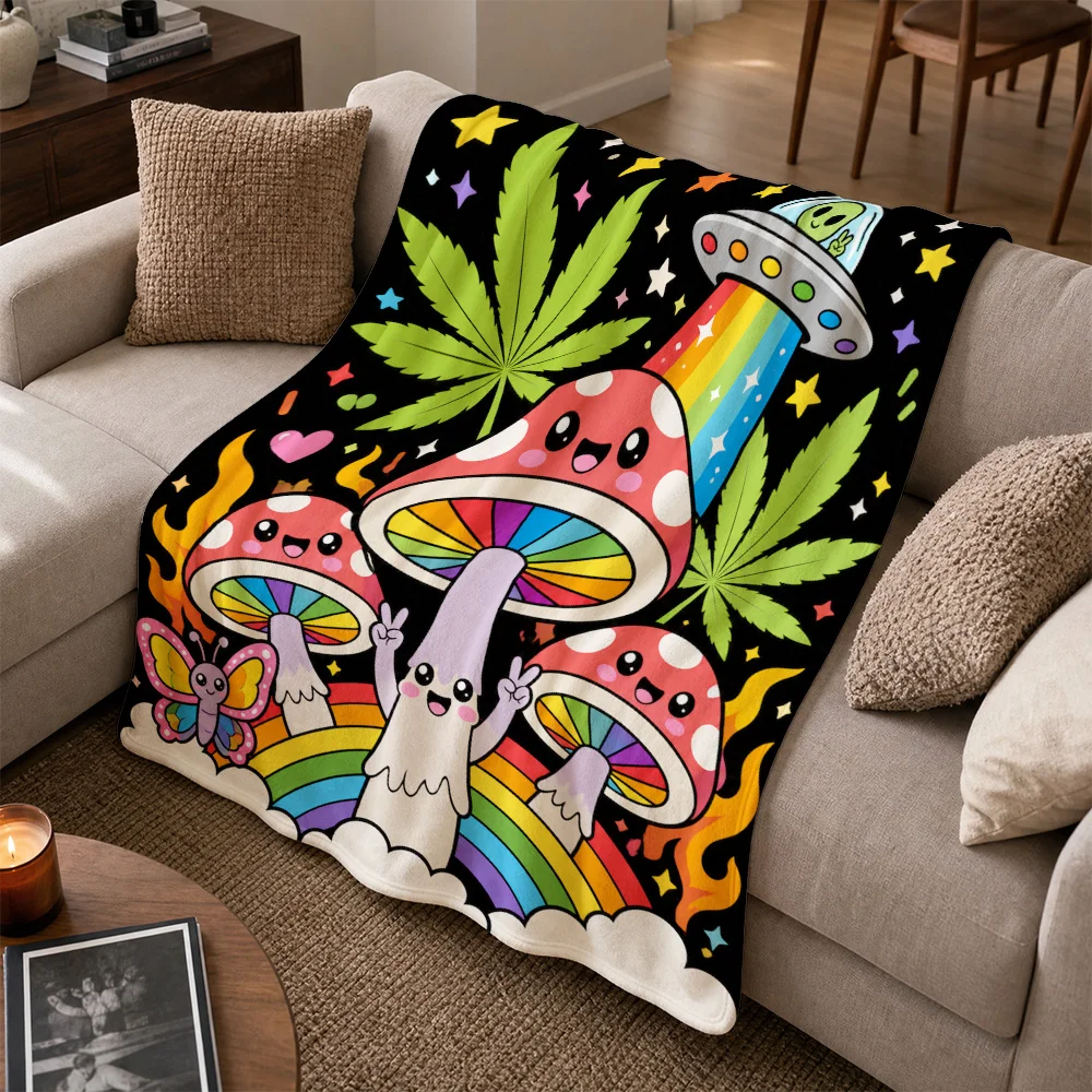 Ultra Soft Psychedelic Mushroom Leaf Rainbow Couch Throw Blanket Boho Hippie Retro Design Space Decor for Sofa Bed