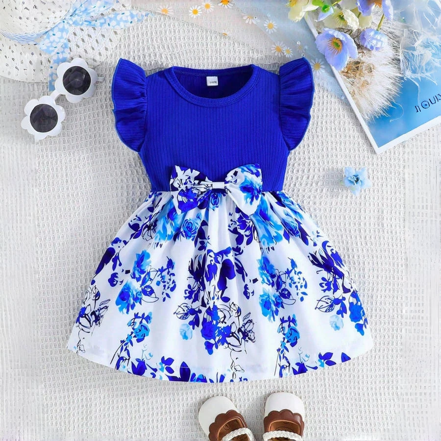 

Summer Blue Dress for Baby Girl Flower Printed Bow Cotton Baby Dress Send Hairband