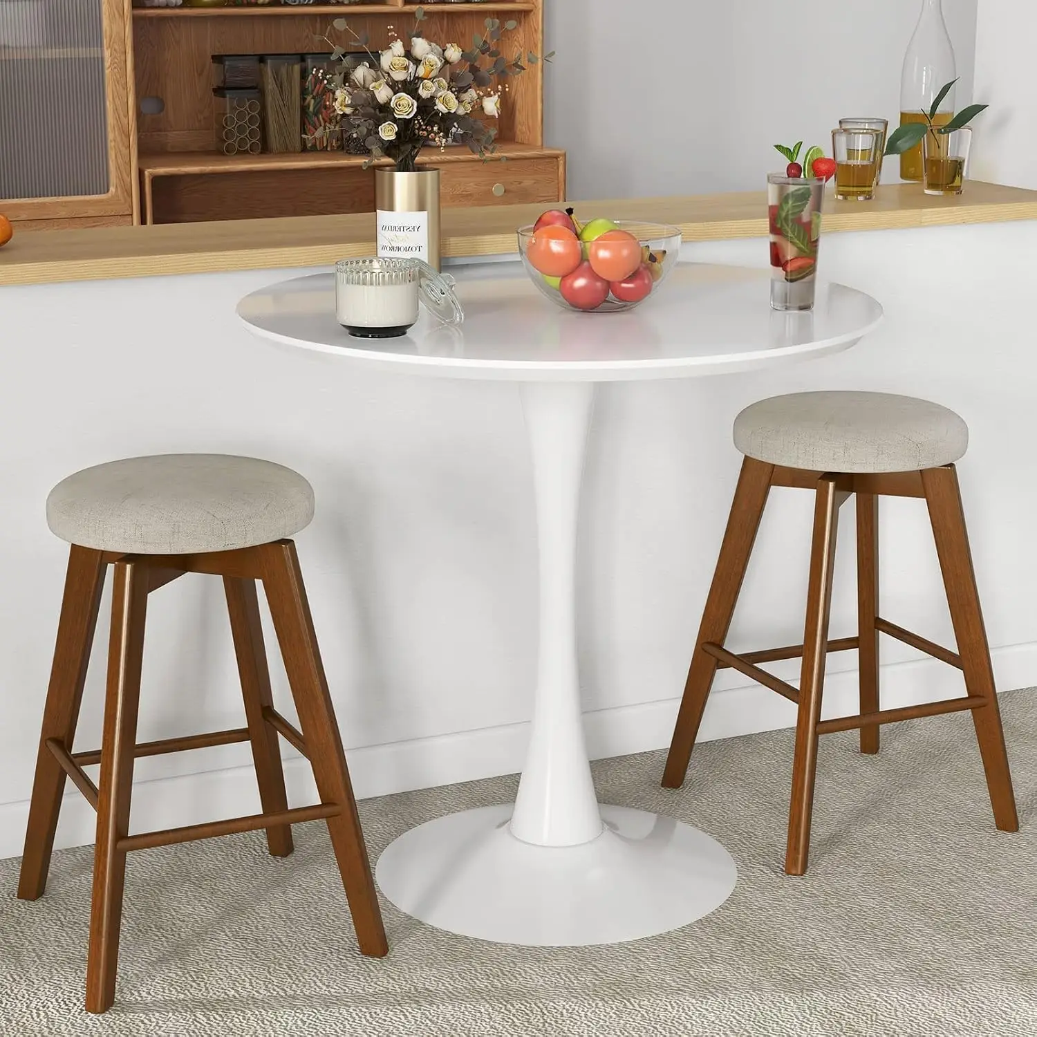 Swivel Bar Stools 2pcs, 26in Backless Counter Chairs with Wood Legs Linen Seat Footrest for Kitchen Pub Dining Beige, Customized