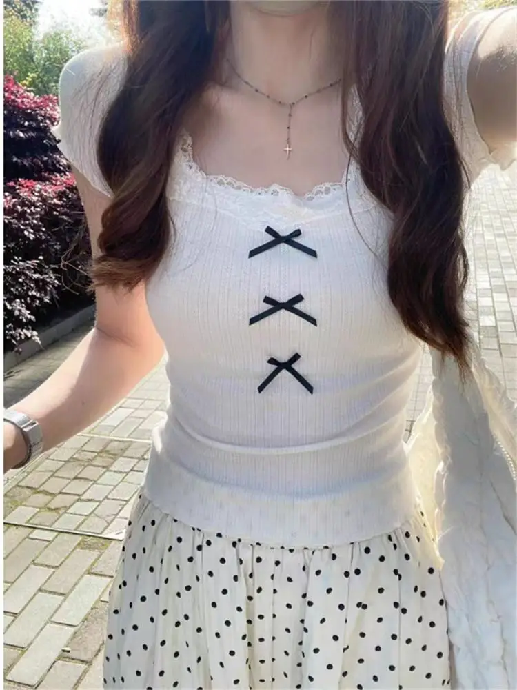 KUSAHIKI Lace Bow Short Sleeved T-shirt for Women\'s Summer New Korean Fashion Versatile Slim Fit Short Top Clothes Ins Style