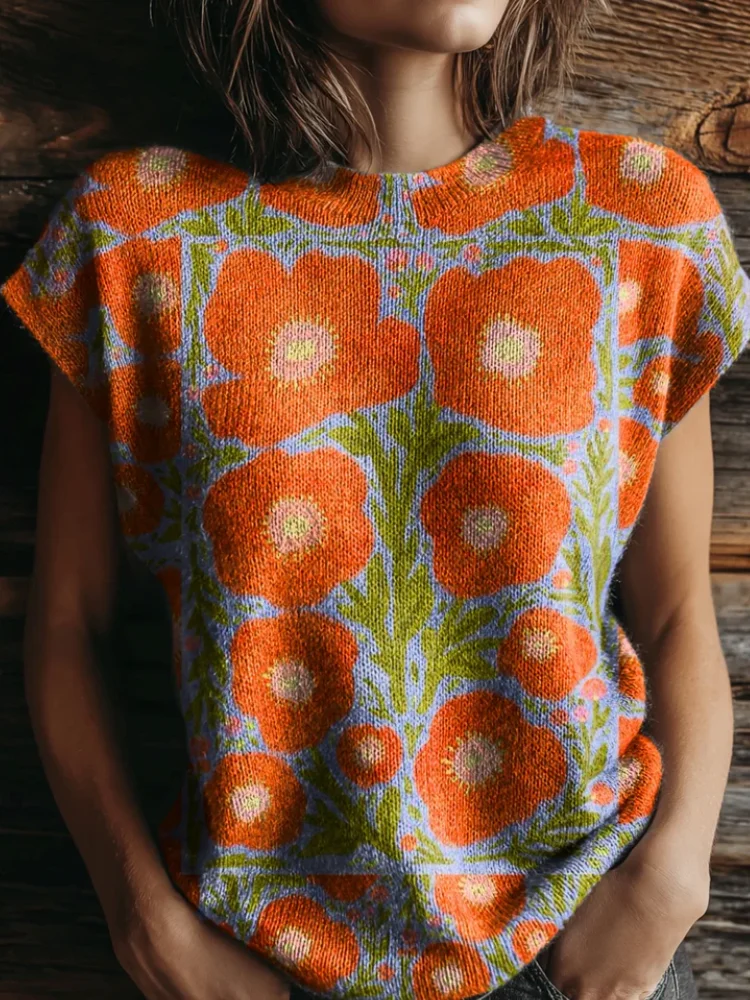 

Women's Retro Poppy Flower Jacquard Knit Top, Casual Loose Short Sleeve Round Neck Knitted Blouse, Boho Floral Print Pullover Sweater Vest for Spring Summer Fall