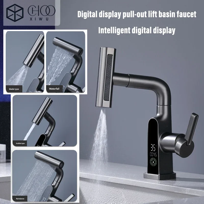 

Цифровой смеситель для раковины с выдвижным изливом, для кухни и ванной, с дождевым распылением и индикацией температуры