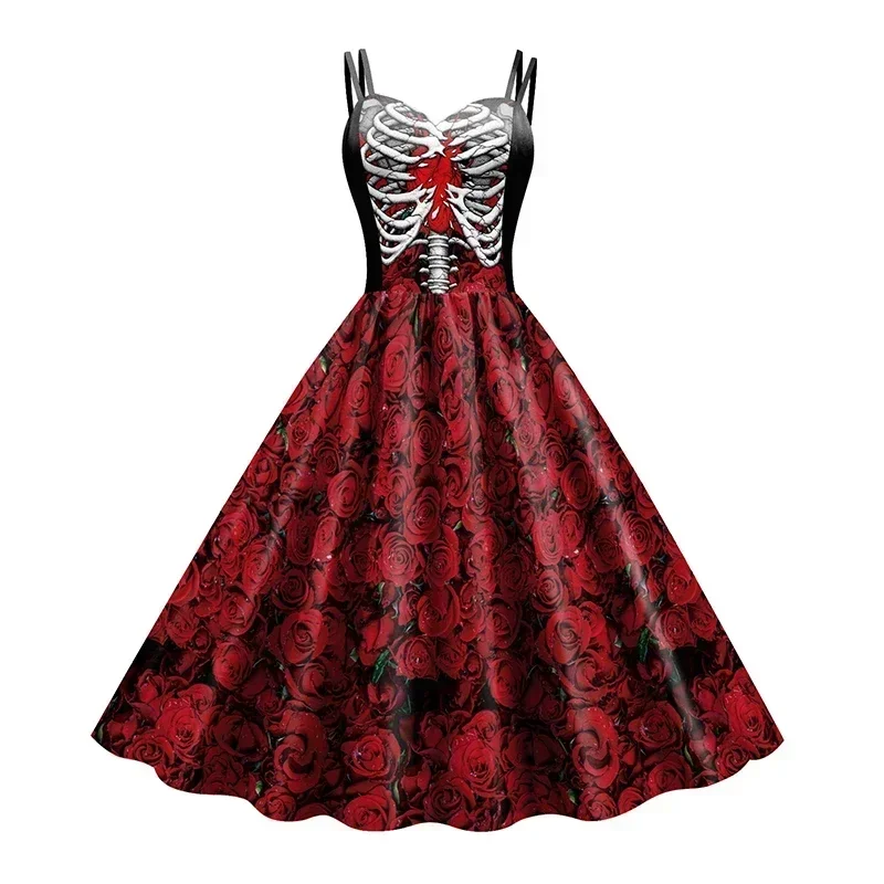 Teenager-Mädchen Cosplay-Kostümkleid Damen Gothic Skelett Blumenmuster Spaghettiträger Rollenspielkleid für Halloween-Verkleidung – Detail 2