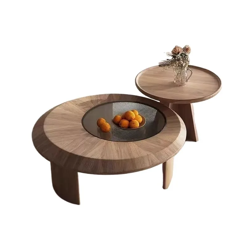 Mid-century modern style nested coffee table set wood sun pattern veneer stone surface locker eco-friendly apartment furniture