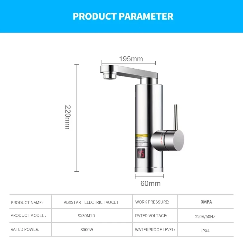 Display Kitchen Tap Flowing Electric Faucet 3000W Electric Tankless Water Heater Faucet with Temperature