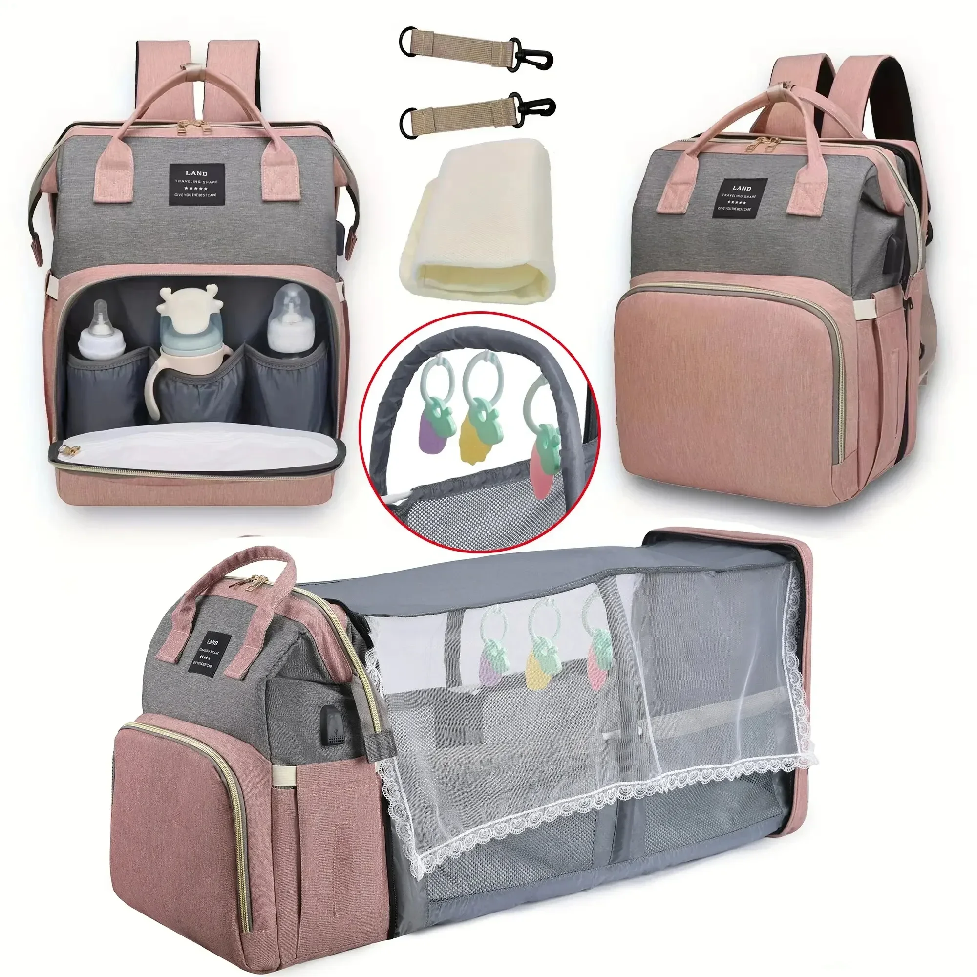 2024 Stroller Hanging Bag Mommy Baby Diaper Bag Backpack Changing Pad Shade Mosquito Net Wet and Dry Carrying USB Charging Port