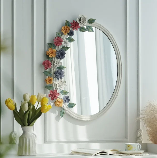 Vintage Forged Iron Floral Mirror, Decorative Wall Mirror for Rustic Home Decor