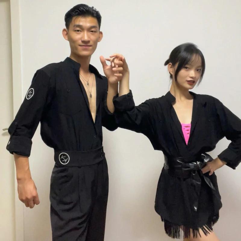 

Tops Stage Costume Tango Dancewear Salsa Clothing Black Latin Dance Shirt Adult V-neck Ballroom Practice Wear Samba