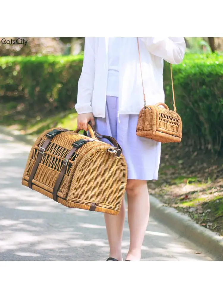 Handmade Rattan Woven Cat Outing Bag, Pet Basket, Portable, Diagonal, Breathable