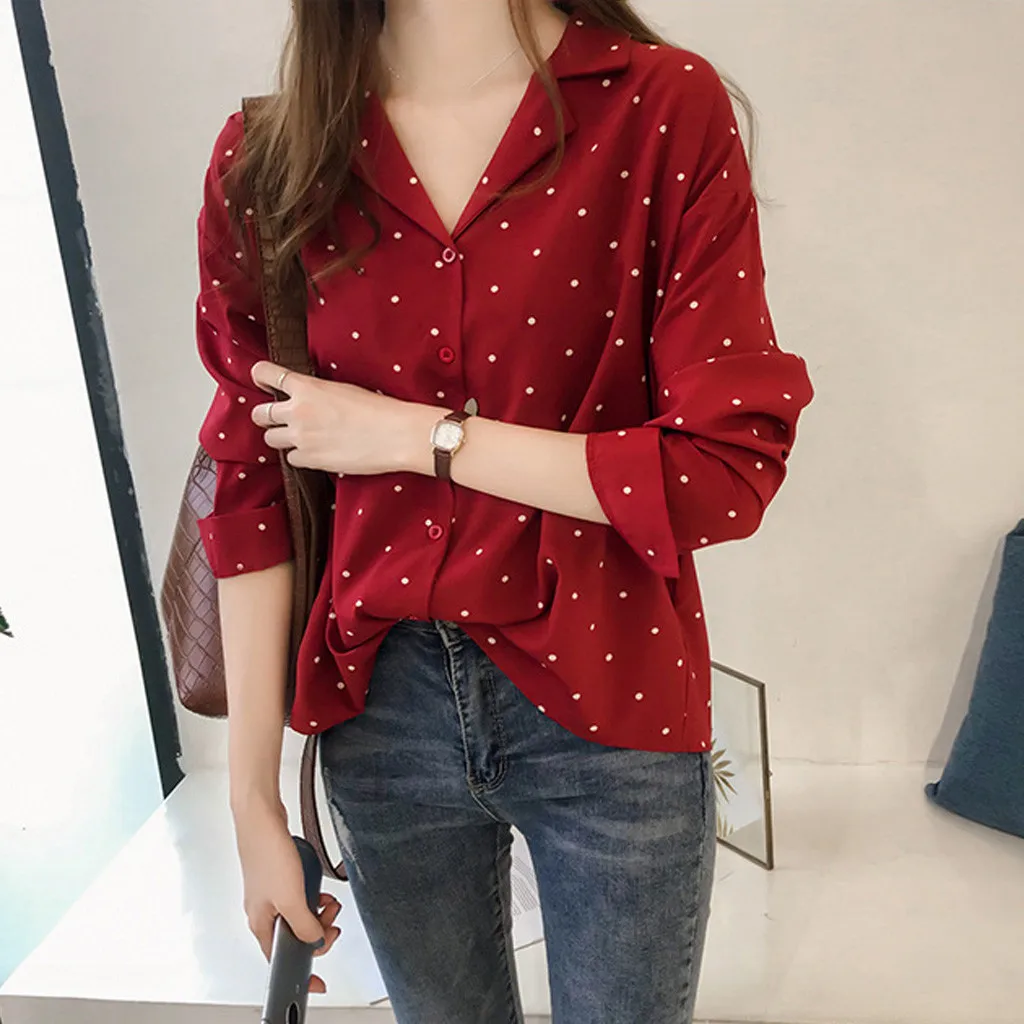 Ladies Patchwork Plaid Shirt Polka Dot Button Lapel Shirt Bottom Shirt Tops Women\'s Small Fresh V-Neck Loose Peplum Shirt Tops