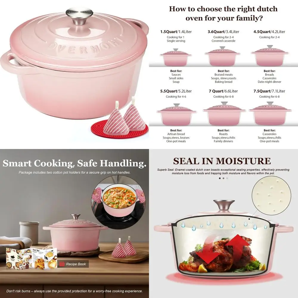 

5.5-Quart Enamel Cast Iron Dutch Oven with Lid and Cotton Potholders - Durable Cookware for Braising, Stews, Roasting, and Bread
