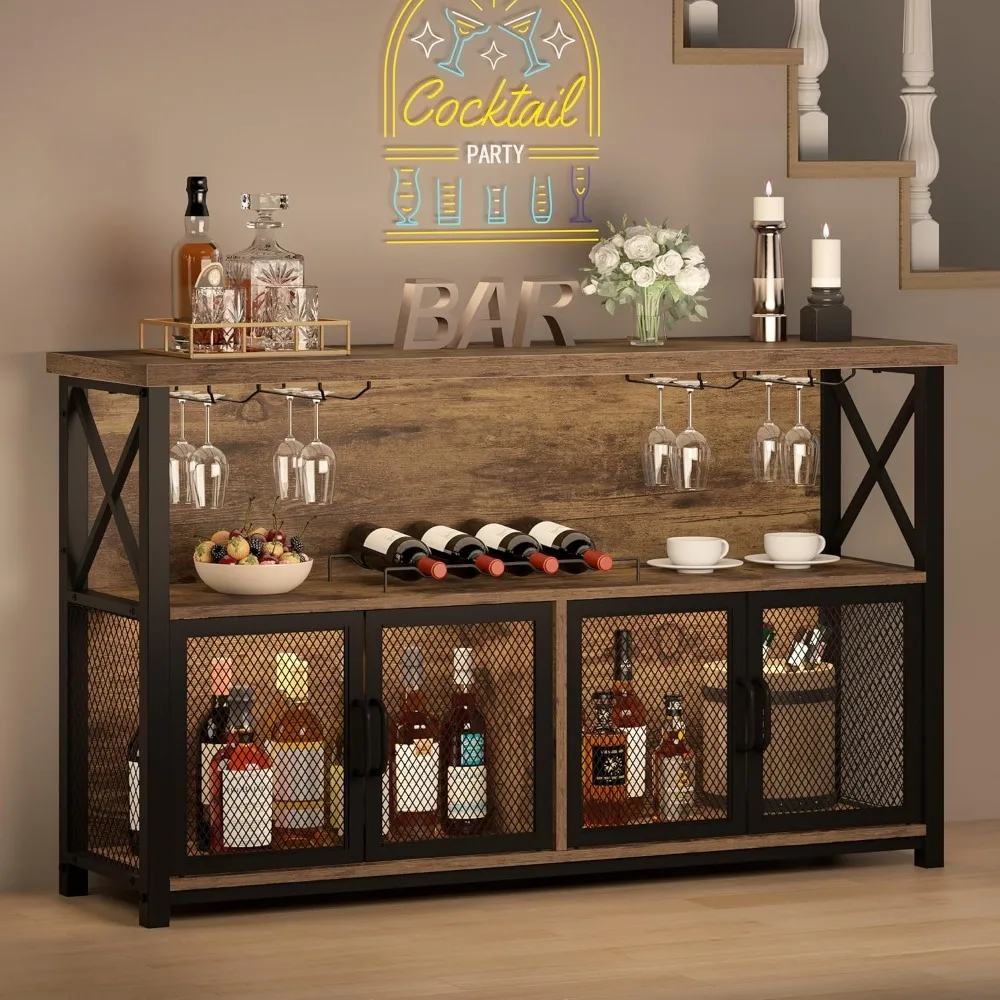 

Industrial Coffee Bar Cabinet, Farmhouse Wine Bar Cabinet for Liquor and Glasses, Metal Wood Sideboard Buffet Liquor Cabinet