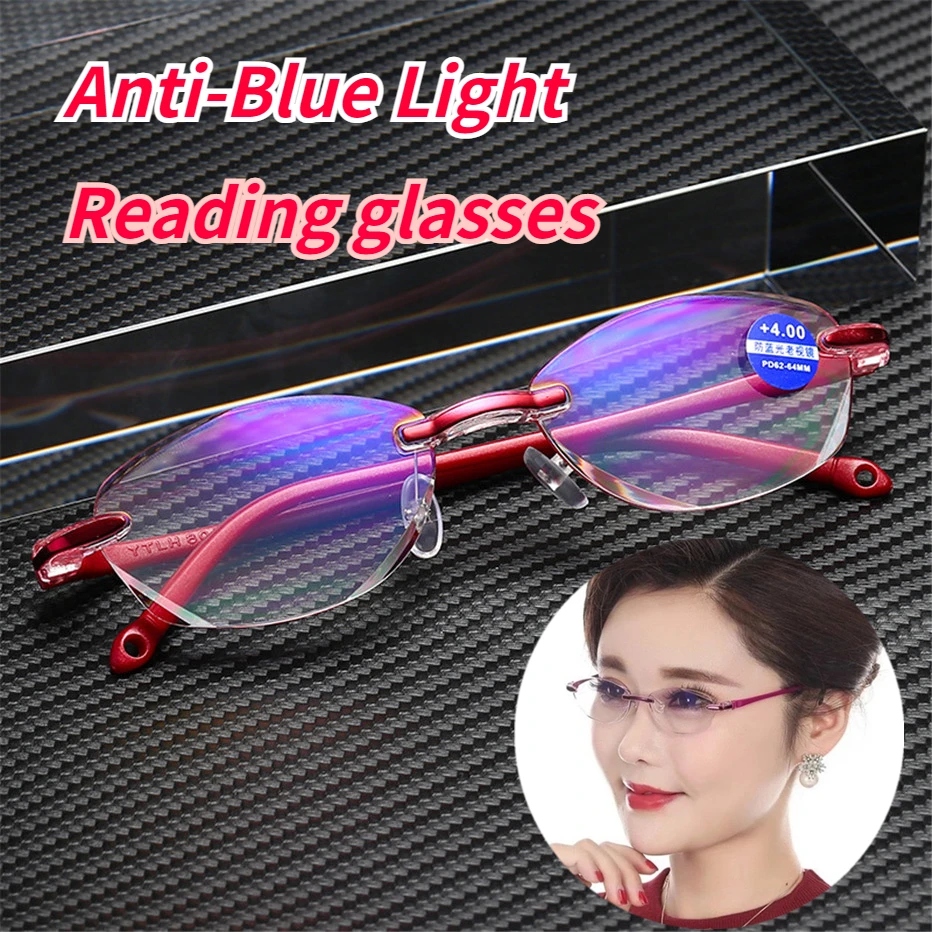 New Seemfly Small Frameless Frame Anti-blue Light Reading Glasses Women Presbyopia Eyeglasses Diopter +1.0 to +4.0men glasses