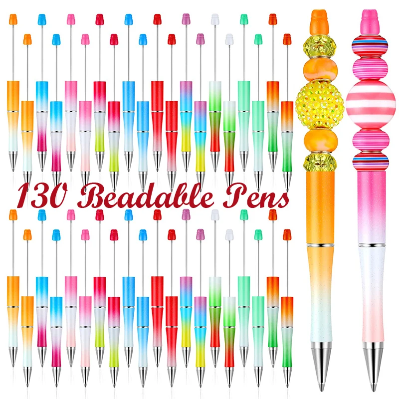 

130Pcs Beadable Pen Plastic Bead Ballpoint Pen Black Ink Beaded DIY Pens Cute Cool Pens for DIY Making Gift Kids Students