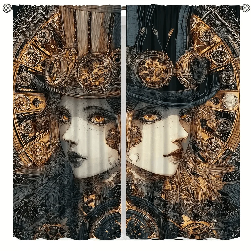 Mechanical gear retro clock Print Drapes Room Darkening Window Curtains for Home Decor,Rod Pocket Blackout Curtains Bedroom