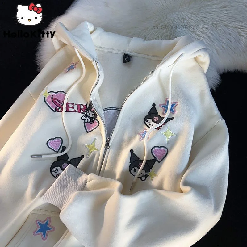 Sanrio Kuromi Zip Up Hoodie Y2k Aesthetic Kawaii New Cotton Coat Women Winter Plush Thickened Sweater Oversize Loose Top Female