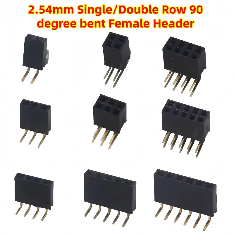 10pcs Single/Double Row 90 Degree Bent Female Header Socket Pitch 2.54mm 1*2P 3P 4P 5P 6P 7P 8P 9P 10P 20P Connector