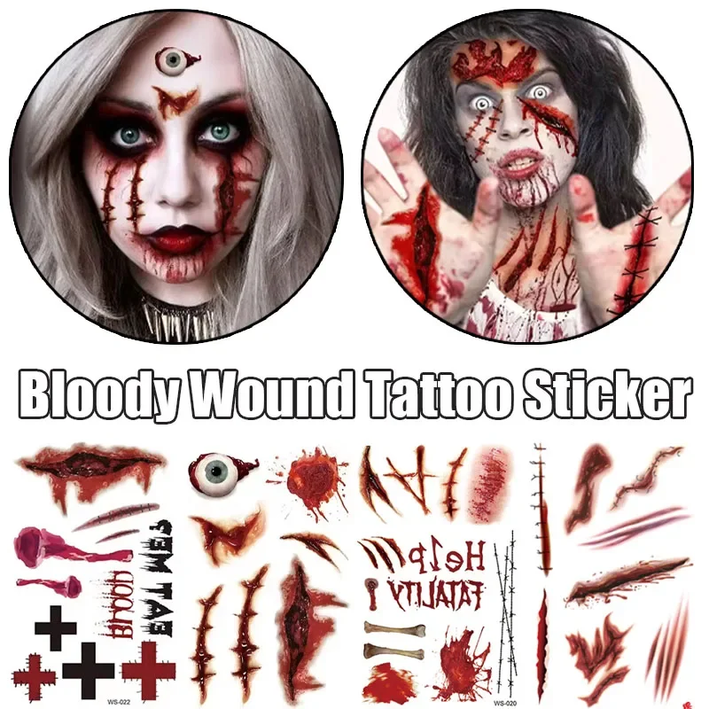 5-20PCS Fake Scar Tattoo Stickers Halloween Waterproof Temporary Tattoos Bloody Wound Body Decorations for Party Cosplay