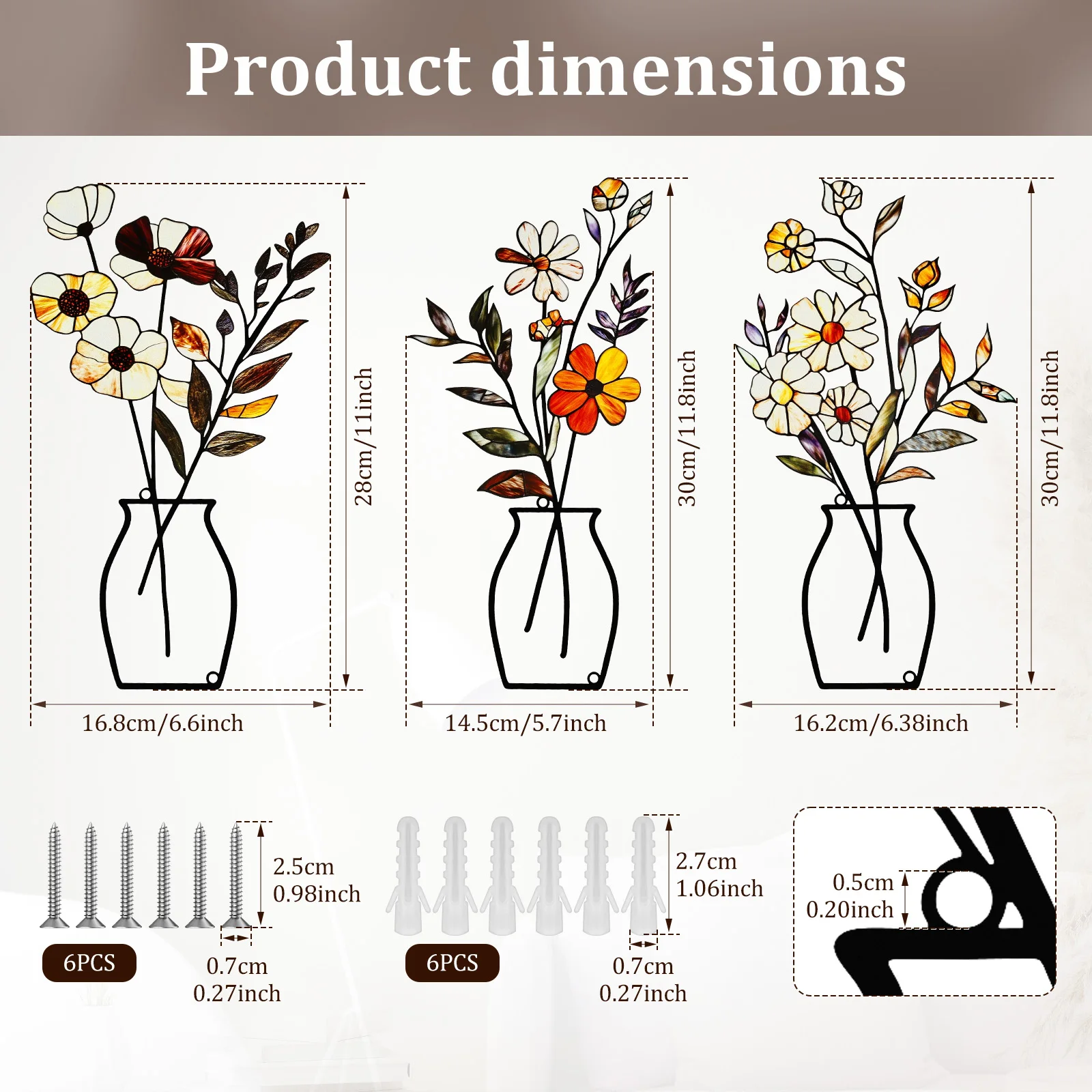 3개 세트 금속 꽃병 벽 장식 - 소박한 농가 스타일 장식 미니멀리스트 꽃 벽 펜던트 거실 침실 집들이 선물