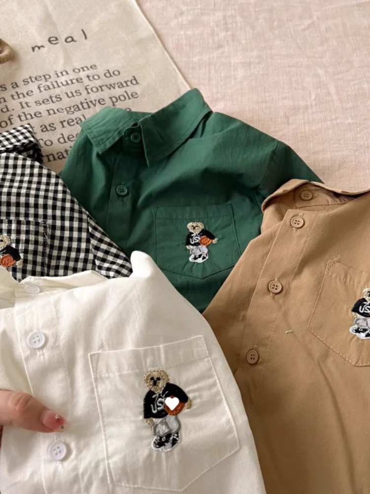 เด็ก Preppy ลายสก๊อต irt ยาว Sve เย็บปักถักร้อยฤดูใบไม้ผลิฤดูใบไม้ร่วงใหม่ Sle ex หมีเย็บ Fly ชุดจับคู่