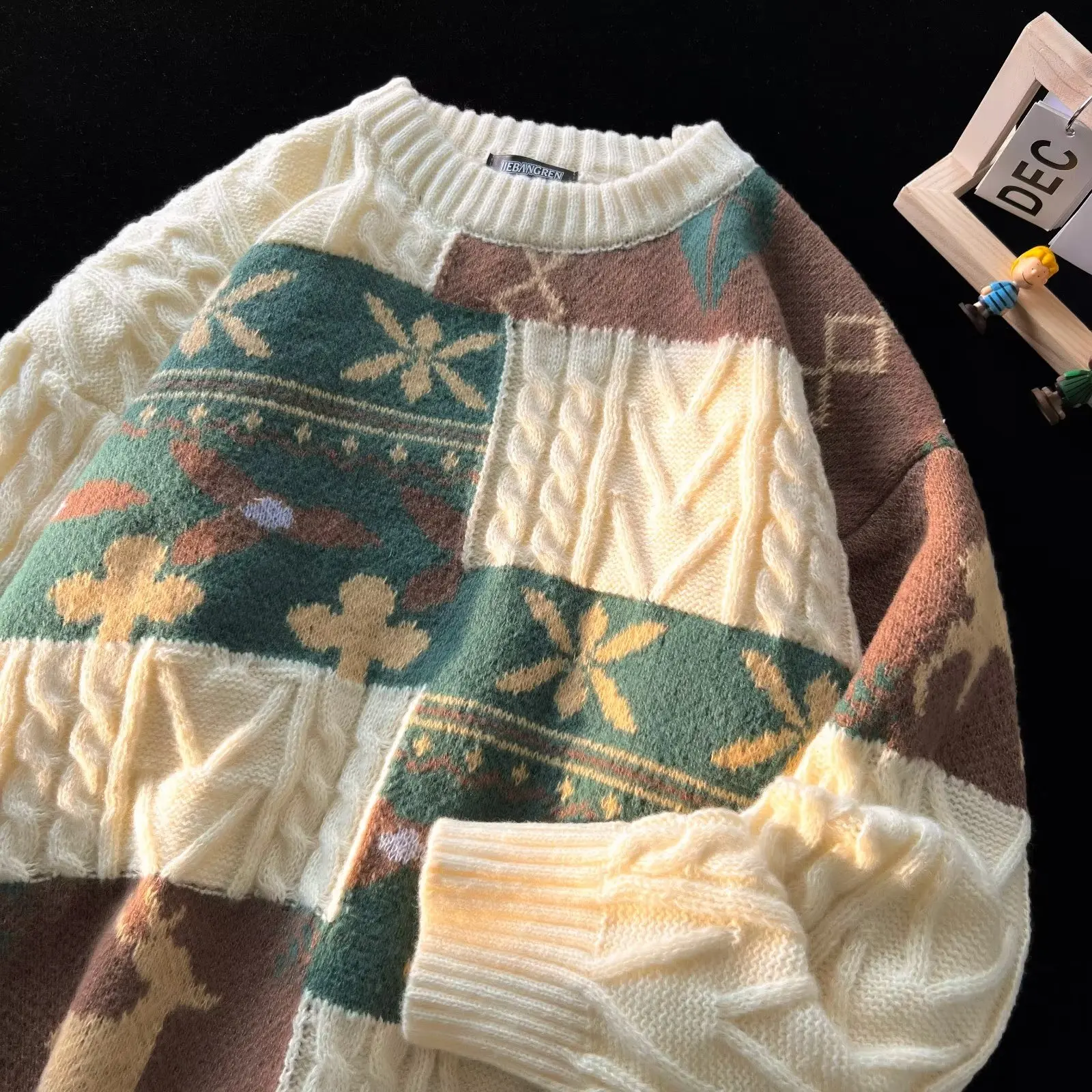 

Thiened Autumn Winter Men's Knitted Sweater round Ne Casual Loose Fit Couple Sle Japanese Retro New Year's Faion