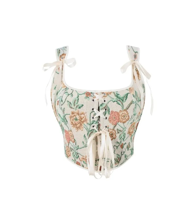 Women Corset Bustier Overbust Lace Up Boned Vintage Floral Printed Bodice Crop Vest Waist Shaping Tops