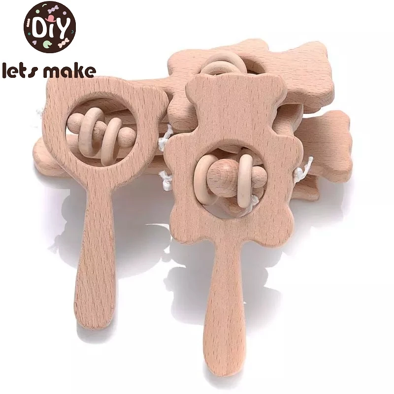 1pc Wooden Rattle Beech Bear Hand Teething Wooden Ring Baby Rattles Play Gym Montessori Stroller Toy Educational Toys