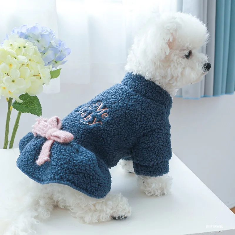 1PC Pet Apparel Cat Dog Autumn and Winter Plush Thickened Warm Blue Bow Princess Dress Suitable for Small and Medium sized Dogs