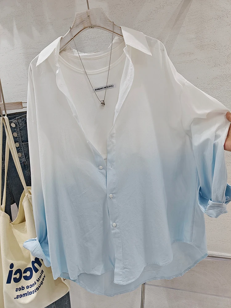 Women's Gradient Blue White Loose Casual Shirt Autumn New Design Outerwear Top Trendy Korean Style Long Sleeve Button up