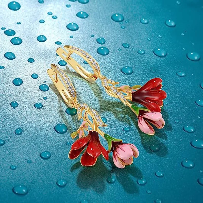 2026 New Countryside Style Colorful Flower Earrings with Oil Painting, Small Fresh Earrings, Ladies' Vacation Style Earrings