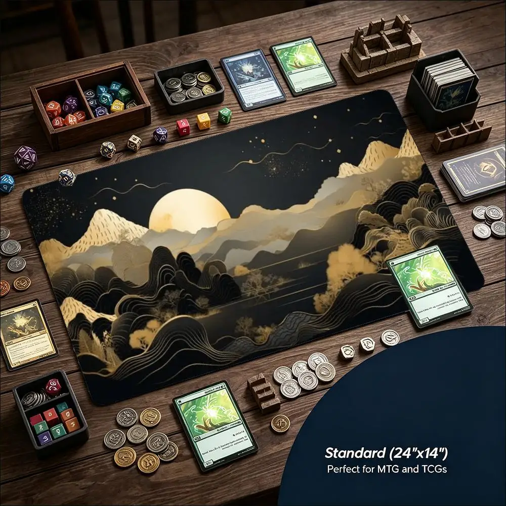Extra Large Playmat Golden Black Night Mountain Moon Print Stitched Edge Anti‑Slip Rubber Mat for Board Card Game Gaming