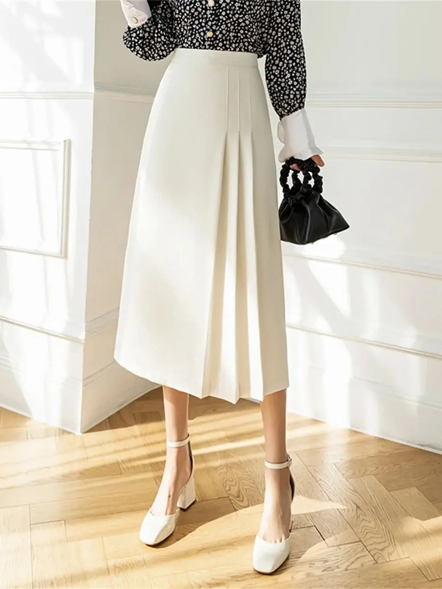 Elegant Long Pleated Skirt for Office Lady Woemn's Solid High Waist A-line Suit Versatile Commuter Skirt  2026 New Autumn Female