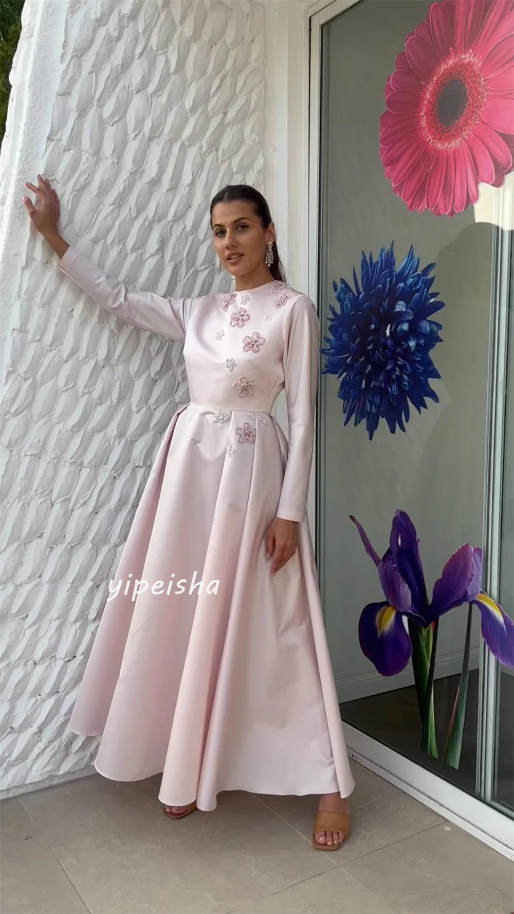 Vestido Midi de cuello alto con cuentas de flores, Jersey fruncido, línea A, a medida, para ocasiones