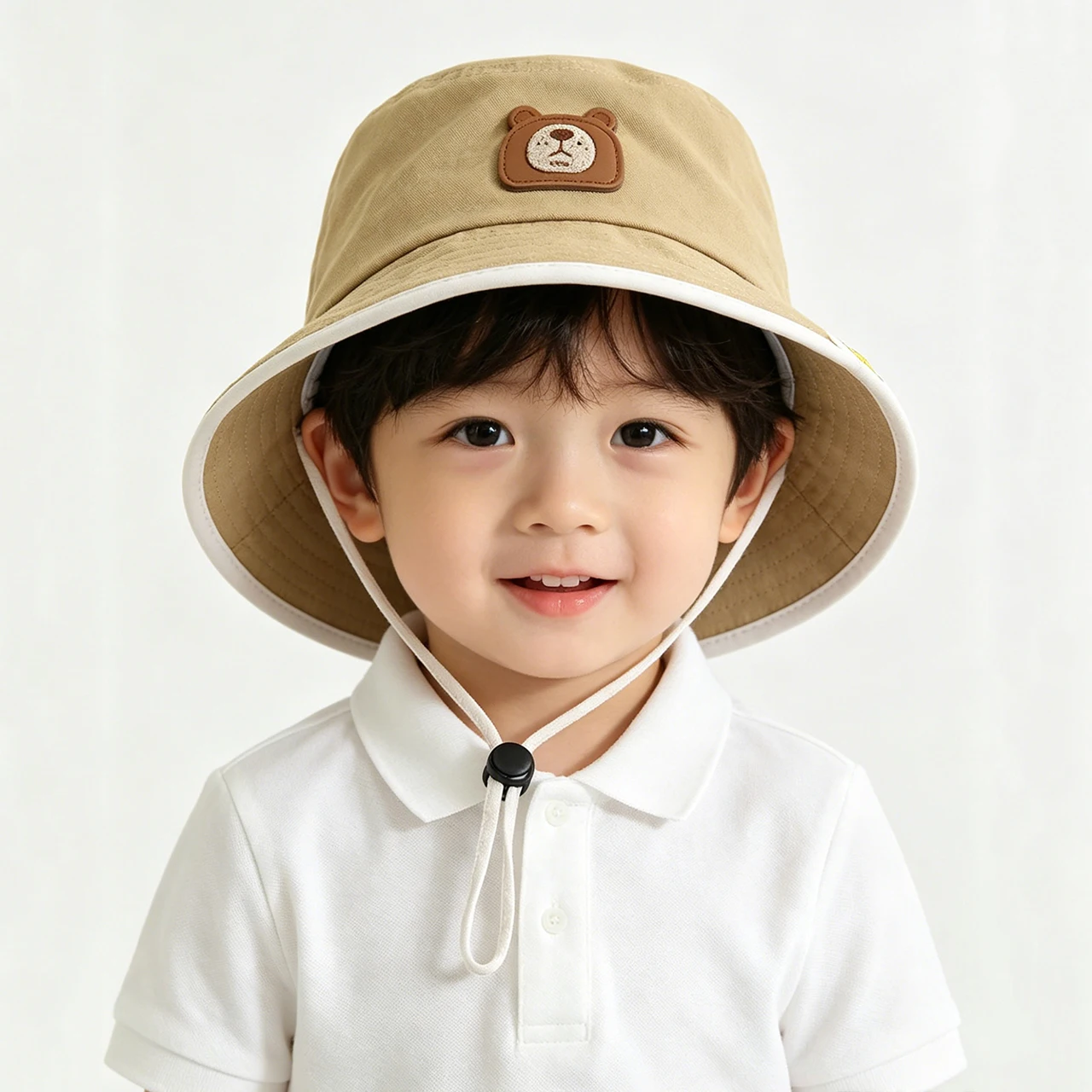 Fotografia 6: Chapéu Infantil Modelo M com Cordão, Boné de Pescador de Algodão Sólido para Crianças de 1 a 4 Anos, Chapéus de Sol para Meninos e Meninas