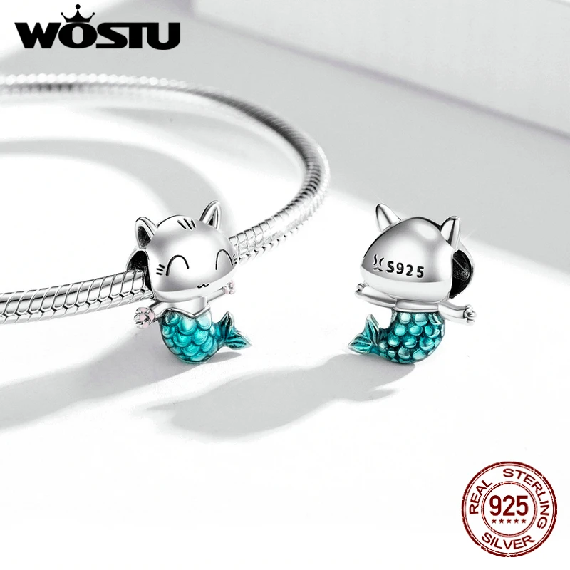 WOSTU Hot Sale 925 Sterling Silver Fish Tail Mermaid Beads Charms Pendant Fit Bracelets Women Party DIY Fine Jewelry Gift Making