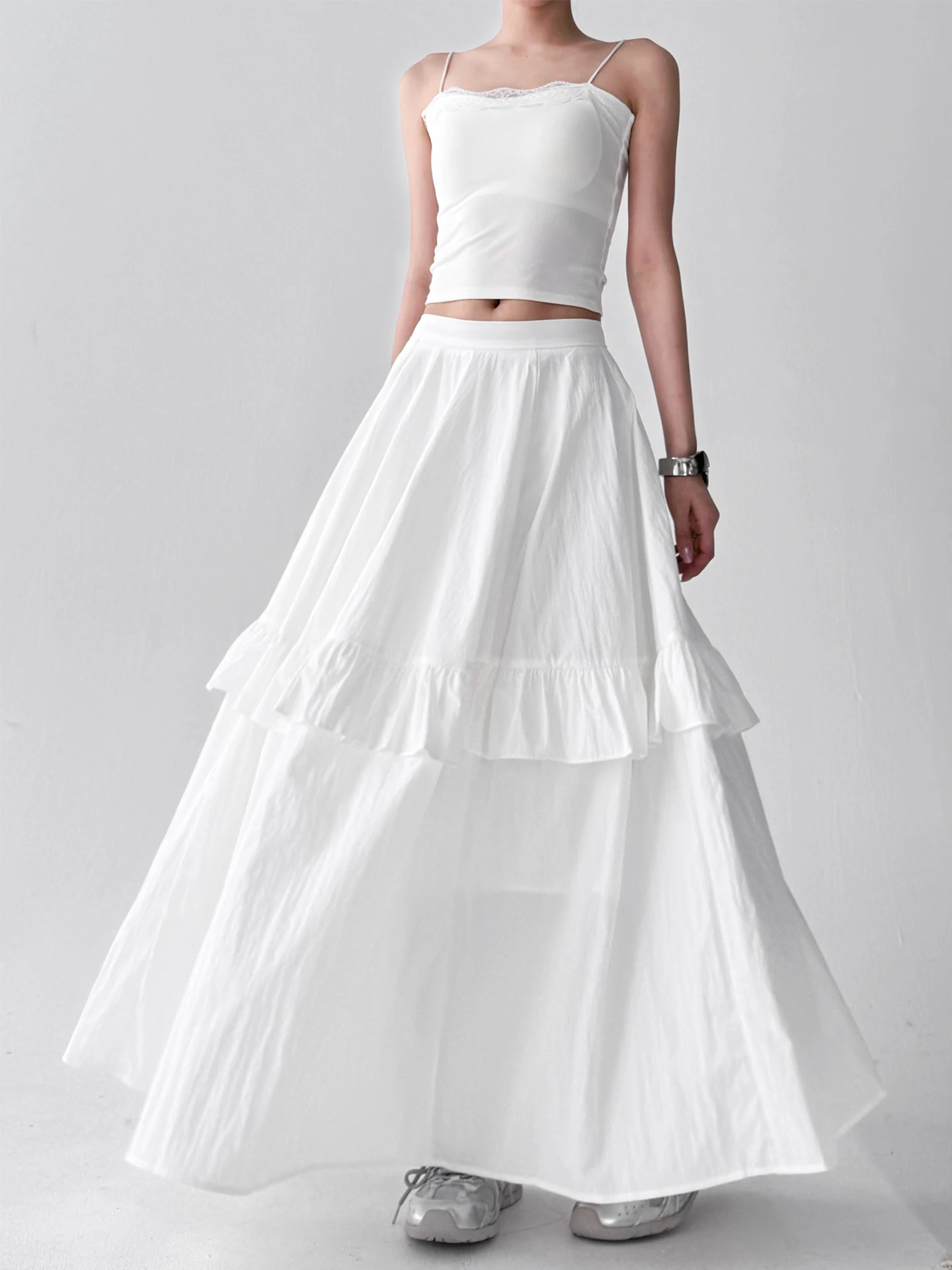 2025年夏新作 レディース ホワイト ハイウエスト スリム カジュアル ルーズ ロングスカート ケーキスカート 通勤 旅行 レジャー 学校