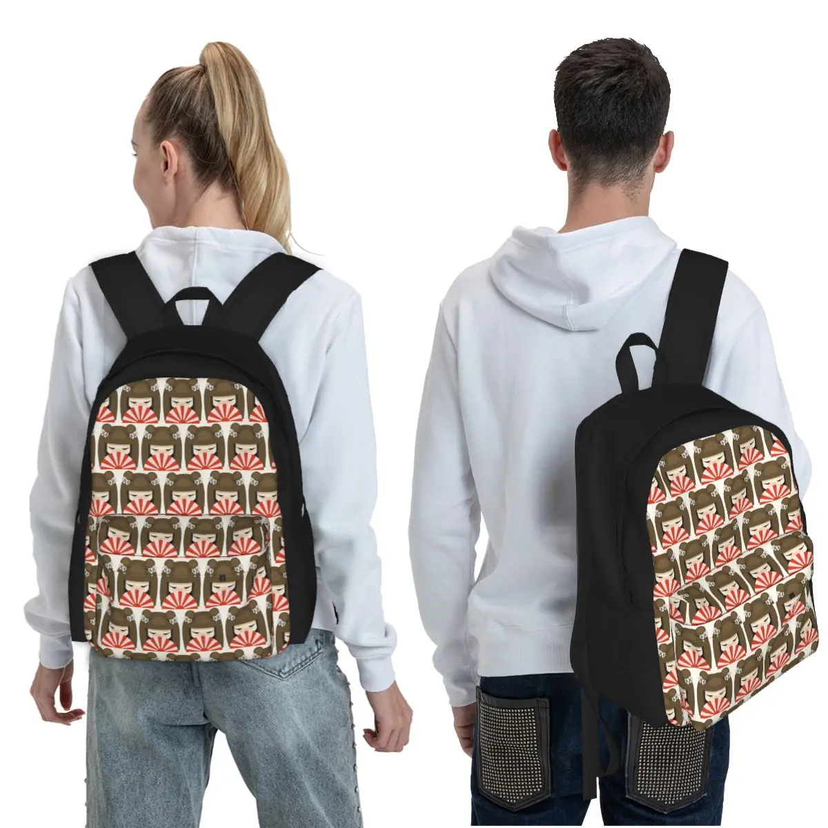 Japanese Rising SUN Kokeshi Doll Student Backpack School Bag Hiking Travel Daypack for Men Women Fashion Bookbag Shoulder Bags
