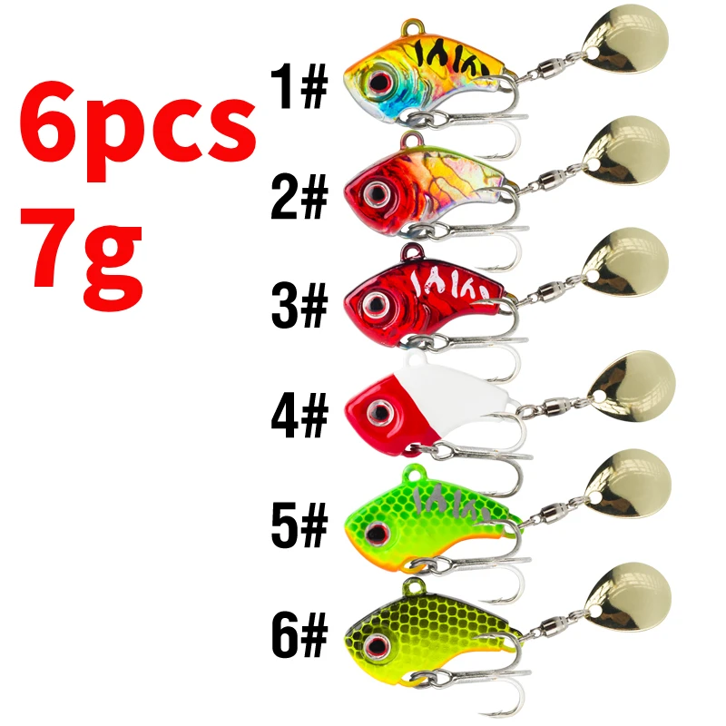 6-teiliges Set 5g/7g/10g/14g/20g Rotierende Metall-Vib-Köder, Sinkende Angelköder mit 3D-Augen, Harte Köder, Spinner, Jigging-Köder, Pailletten-Crankbait