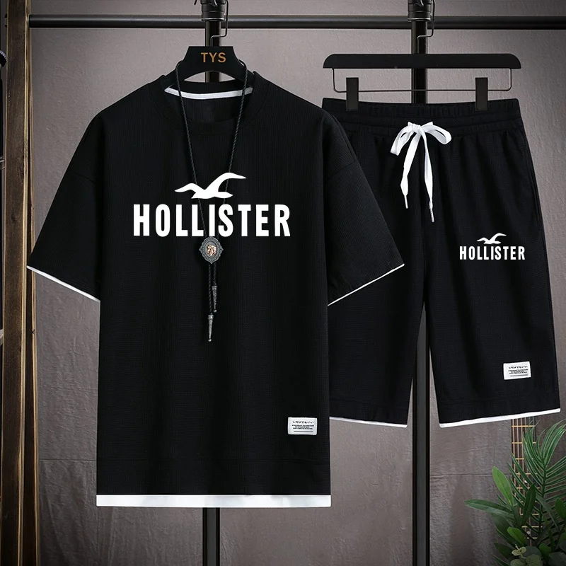 Новинка лета 2024, модный костюм из футболки с коротким рукавом Hollister, мужской повседневный свободный удобный высококачественный комплект из