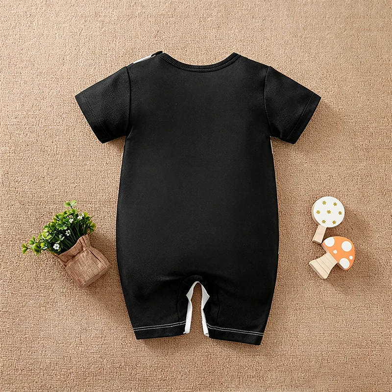 Newborn Baby Unisex Summer Cow Horn Fake Suspender Short Sleeve Spandex Stretch Wrinkle‑Resistant Daily Photo Jumpsuit 0‑18M